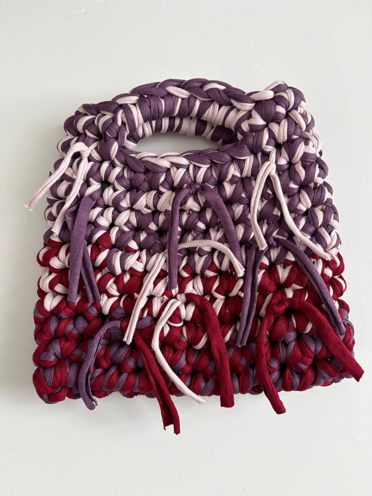Small fringe bag made with t shirt yarn