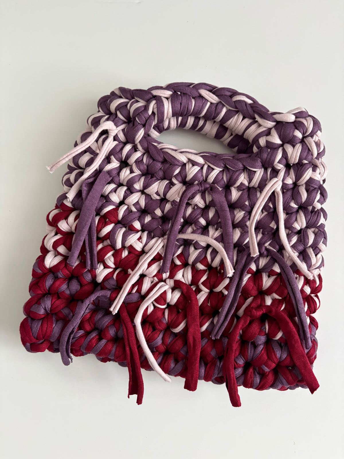 Small fringe bag made with t shirt yarn